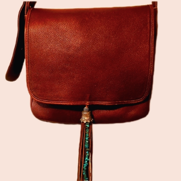 HOBO Brn Leather Saddle Handbag w/Real Turquoise EUC - Picture 2 of 11